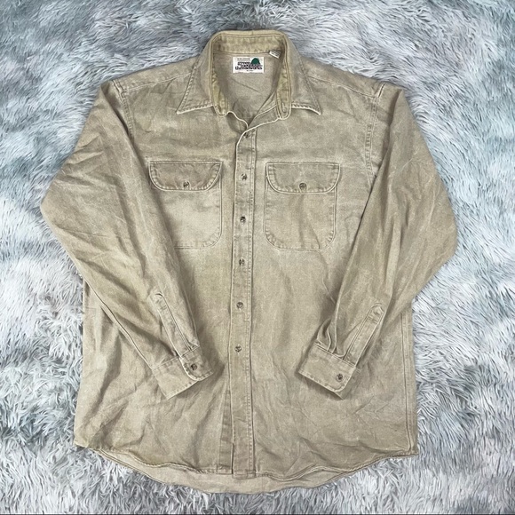 Vimtage 1990’s The Legend Green Mountain Threadworks Beige Tan Work Button Shirt - Picture 1 of 8